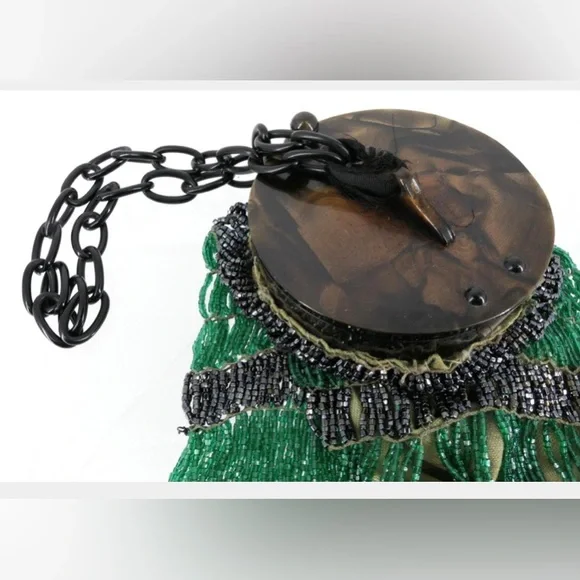 Antique Circa 1920's Art Deco Beaded Green Dance Bag Purse w/ Bakelite Top